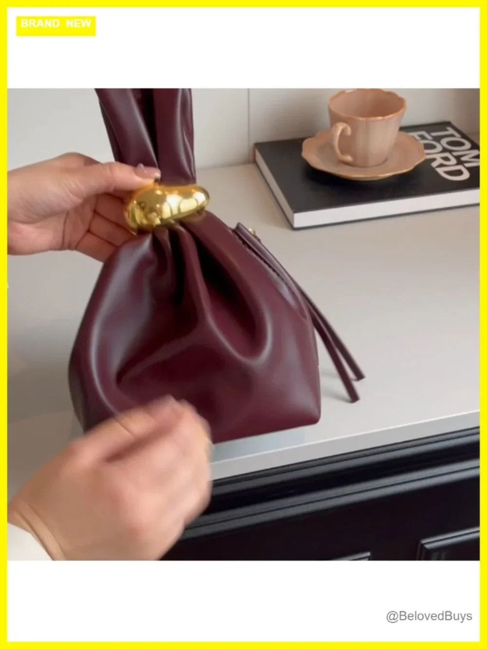 Vegan Leather Knot Clutch Purse Wristlet Mini Tote Handbag with Gold Hardware